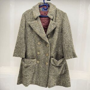 Vintage Womens 60s Green Tweed Double Breasted Pea Coat 1960s Size XS